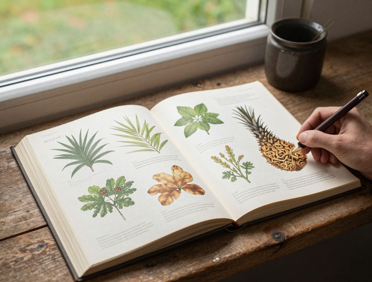 Otwarta ksiazka botaniczna z ilustracjami roslin leczniczych i notatki badawcze na drewnianym biurku z lupą badacza, swiatlo padajace z okna