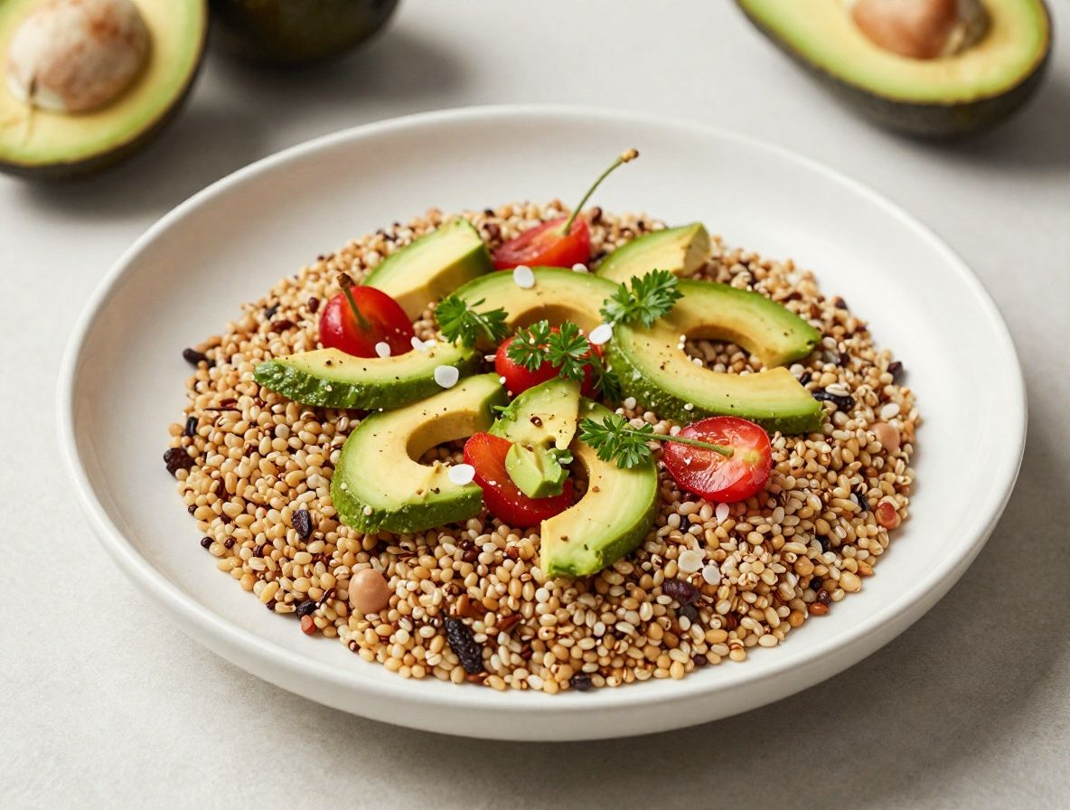 Kolorowa miska z quinoa, awokado, pomidorami cherry i zielonymi listcmi na jasnym tle, przyklad zbilansowanego posilku wspolczesnego czlowieka