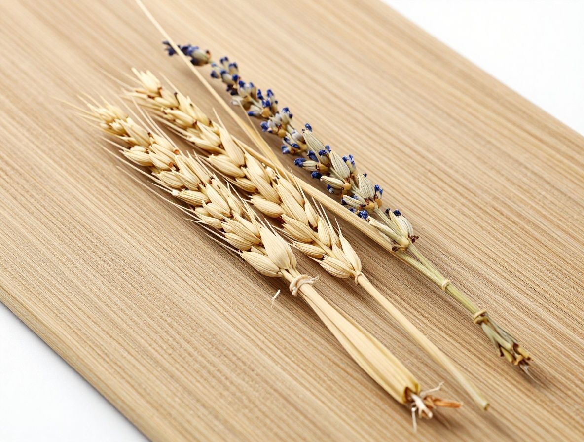 Brazowe nasiona lnu i konopii w ceramicznej miseczce obok galazki suszonej lawendy na lnianej tkaninie, cisza i naturalne aromaty wspierajace relaks